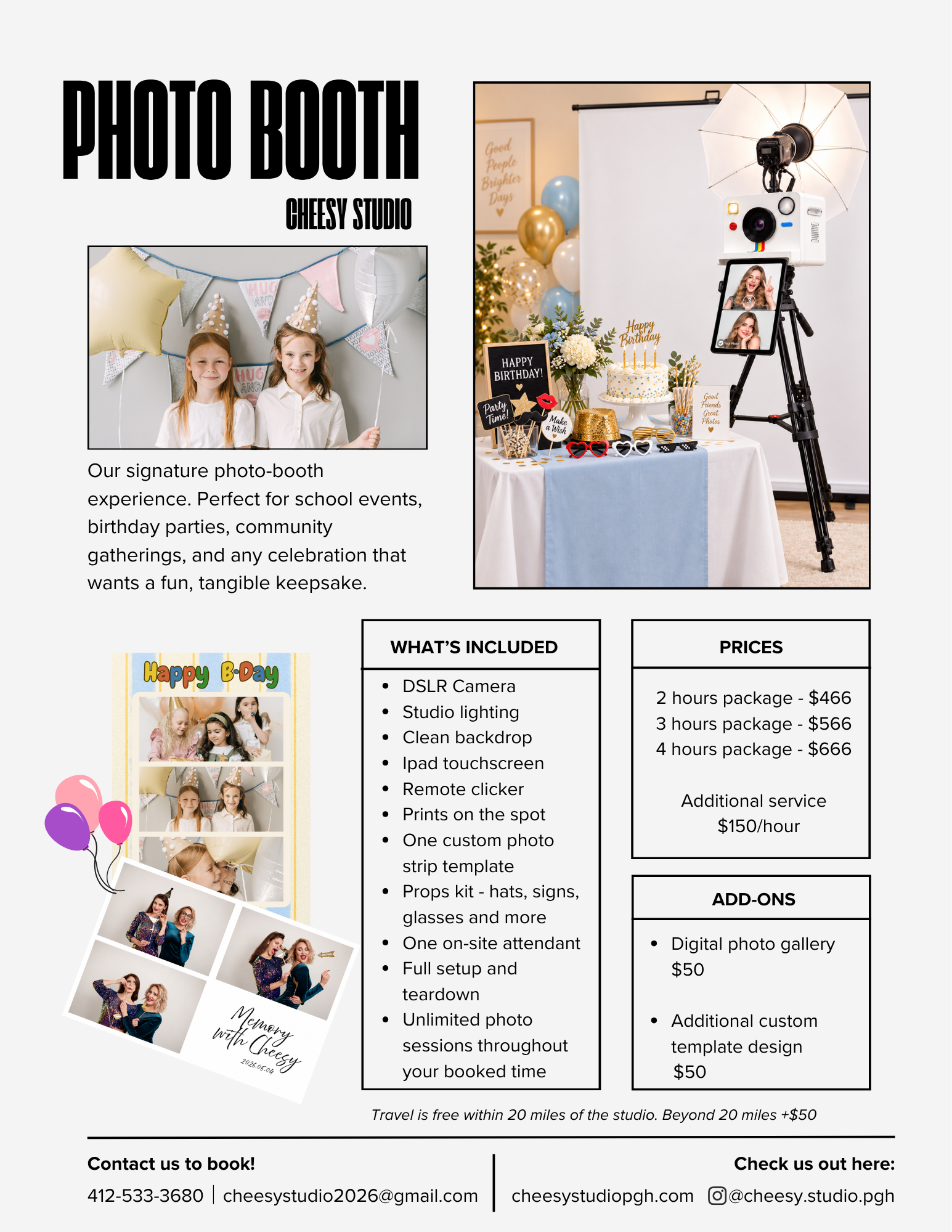 Photo Booth flyer with what's included, pricing from $466 for 2 hours, add-ons, and contact details